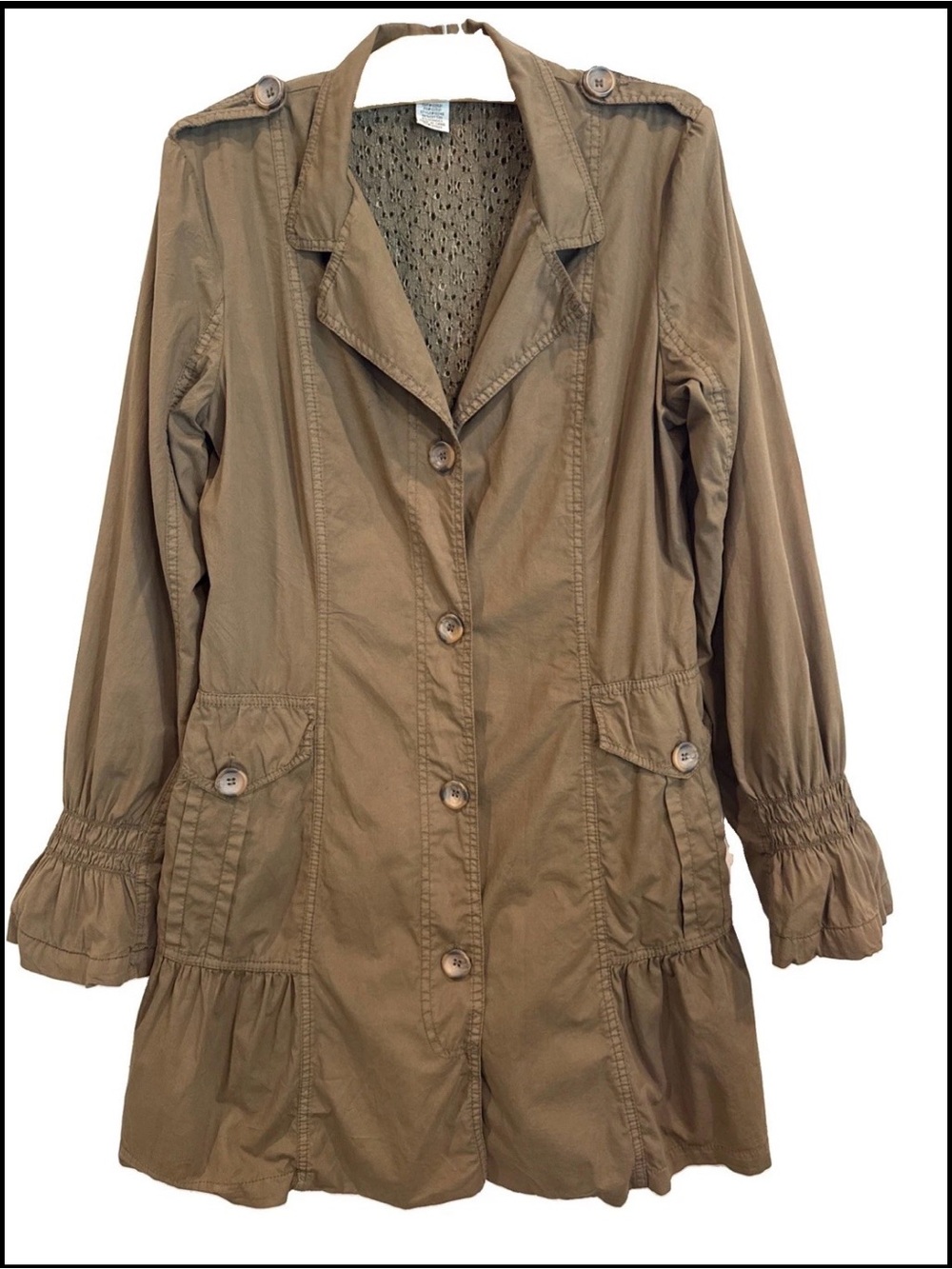 XCVI Olive Ruffle-Hem Lined Button-Front Utility Trench Coat